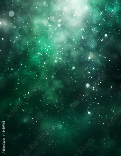 Abstract green dark blurry background with bokeh glowing and sparkles.  A background for design of greeting cards invitations outdoor.