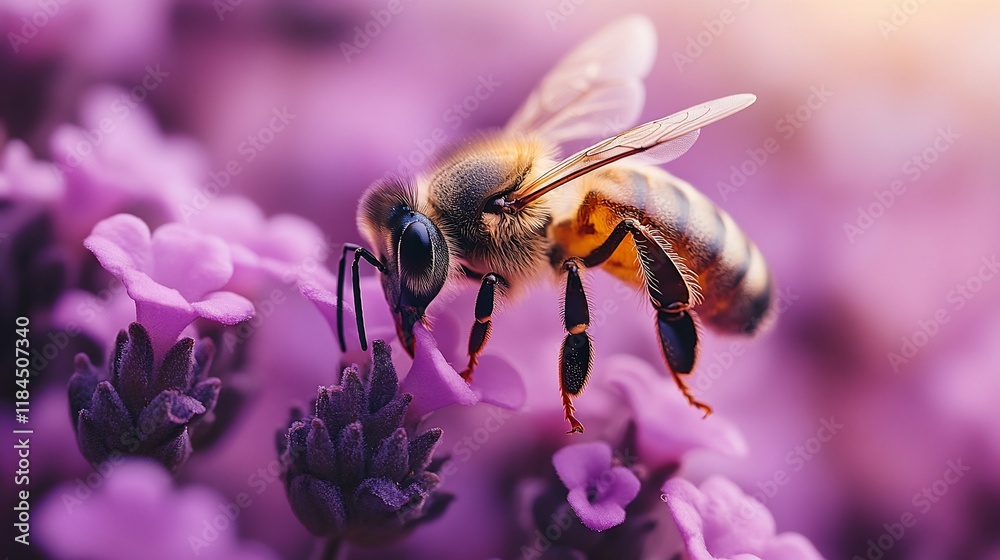 Close-up of honeybee pollinating lavender flowers. Close-up of honeybee pollinating lavender flowers.