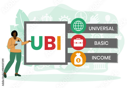 UBI - Universal Basic Income acronym. business concept background. vector illustration concept with keywords and icons. lettering illustration with icons for web banner, flyer, landing page