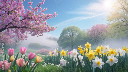 Wallpaper Mural Blooming daffodils, tulips, and cherry blossoms in misty spring garden Torontodigital.ca