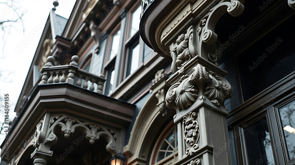 Close-up view of ornate architectural details on a dark-brownstone building. Intricate carvings and a balcony are visible. The image focuses on columns and stonework. Close-up view of ornate architectural details on a dark-brownstone building. Intricate carvings and a balcony are visible. The image focuses on columns and stonework.