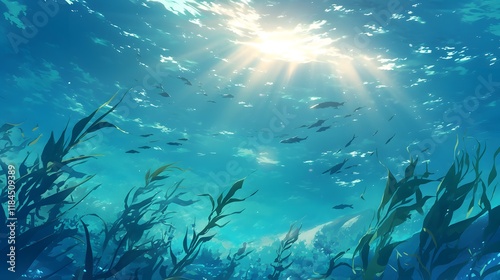 An anime nature background showcasing peaceful underwater sunbeams, creating a serene atmosphere.