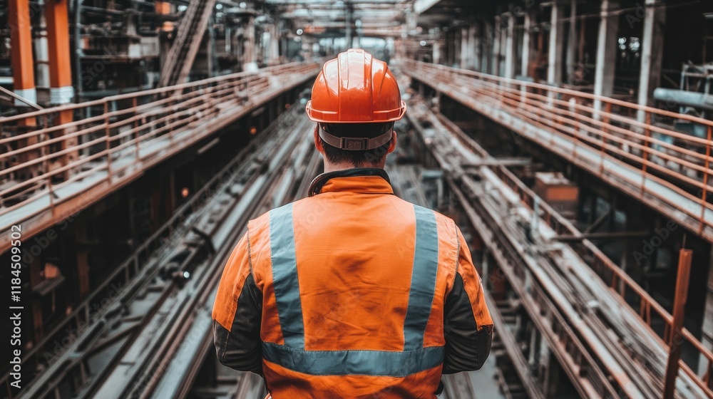 Construction worker observing a busy industrial site Construction worker observing a busy industrial site