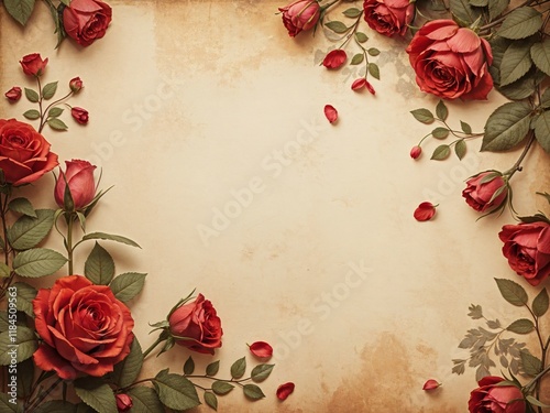 vintage floral background with red roses scattered on old paper with subtle texture and fading colors with copy space with empty space no text no word no character no logo no letters no text