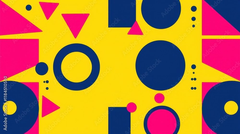 Bright geometric shapes create a playful and vibrant pattern on a sunny yellow background perfect for modern design inspiration