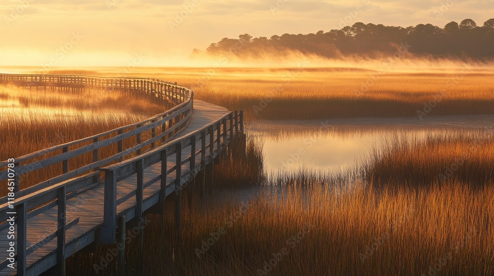 Fototapeta premium Wooden boardwalk winding through marshland in misty morning light
