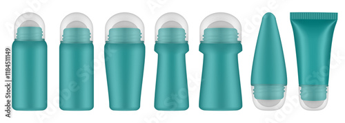 Teal green roller ball bottles with transparent caps. Body antiperspirant deodorant roll-on. Realistic vector mockup. Roller Applicator	