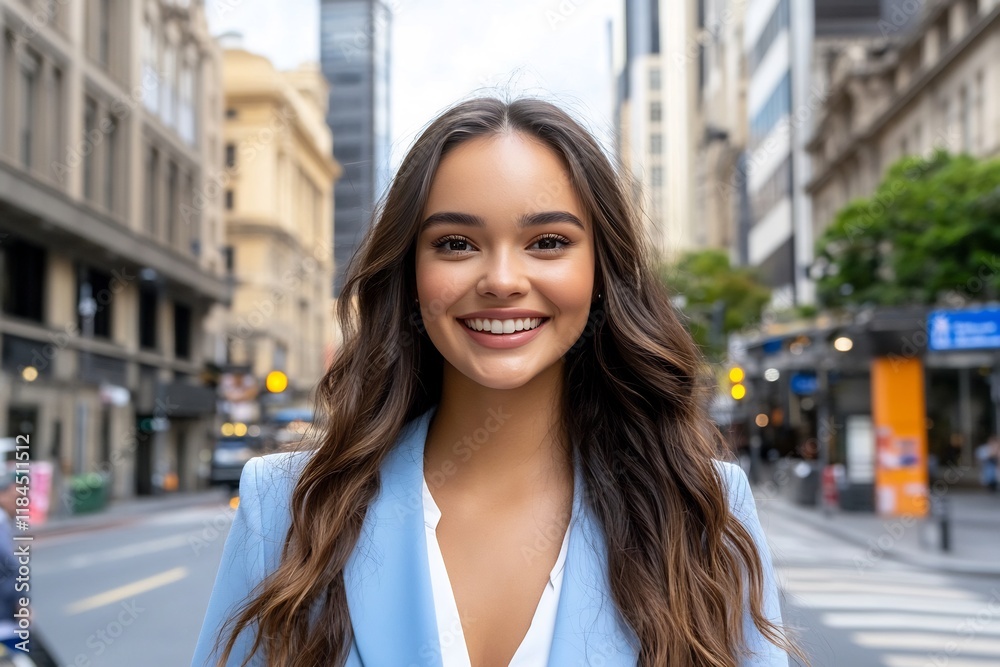 Smiling Woman in a Blue Suit on a Bustling City Street Smiling Woman in a Blue Suit on a Bustling City Street
