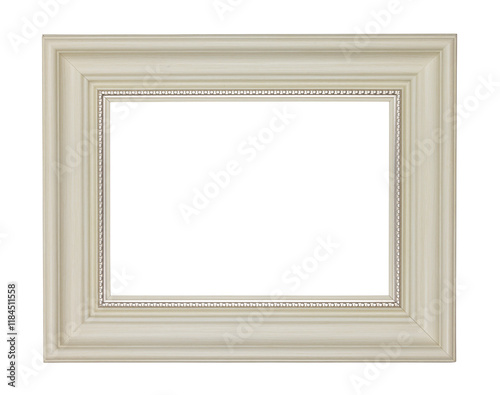 Empty white wooden picture frame with ornament isolated cutout on a transparent background.