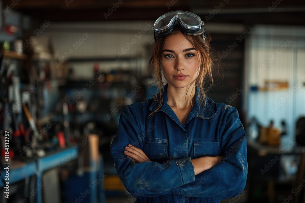 Female car mechanic standing confidently in well-lit garage Female car mechanic standing confidently in well-lit garage