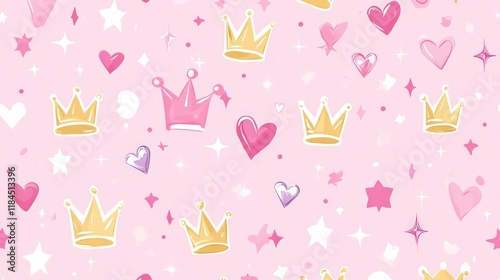 Vector illustration of a pink princess pattern Ideal for baby birthday cards shower invitations children s wallpaper and fabric Charming design featuring stars crowns diamonds and hearts photo