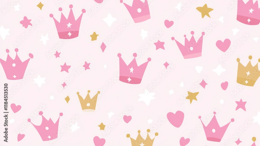 Vector illustration of a pink princess pattern Ideal for baby birthday cards shower invitations children s wallpaper and fabric Charming design featuring stars crowns diamonds and hearts Vector illustration of a pink princess pattern Ideal for baby birthday cards shower invitations children s wallpaper and fabric Charming design featuring stars crowns diamonds and hearts