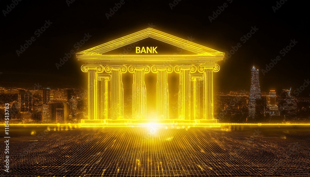 Obraz premium Golden Bank in the Digital Age: A futuristic, glowing bank building silhouette against a cityscape backdrop, symbolizing the evolving nature of financial institutions in the digital age. 
