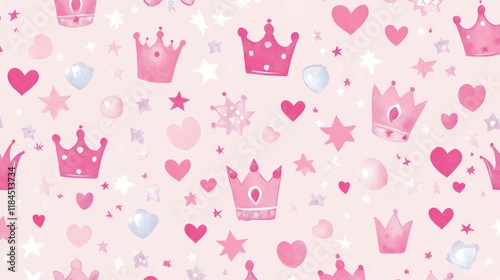 Vector illustration of a pink princess pattern Ideal for baby birthday cards shower invitations children s wallpaper and fabric Charming design featuring stars crowns diamonds and hearts photo