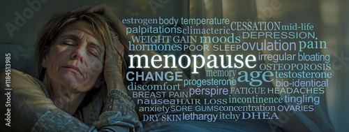 I need help to get me through this menopause disharmony - tired looking mature woman holding her head with eyes closed in a darkened room beside a MENOPAUSE word cloud
