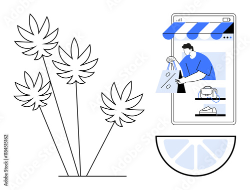 Man reaching out of smartphone for shopping bags, storefront interface, abstract plants, lemon slice. Ideal for online shopping, digital sales, e-commerce, mobile transactions, minimalism nature