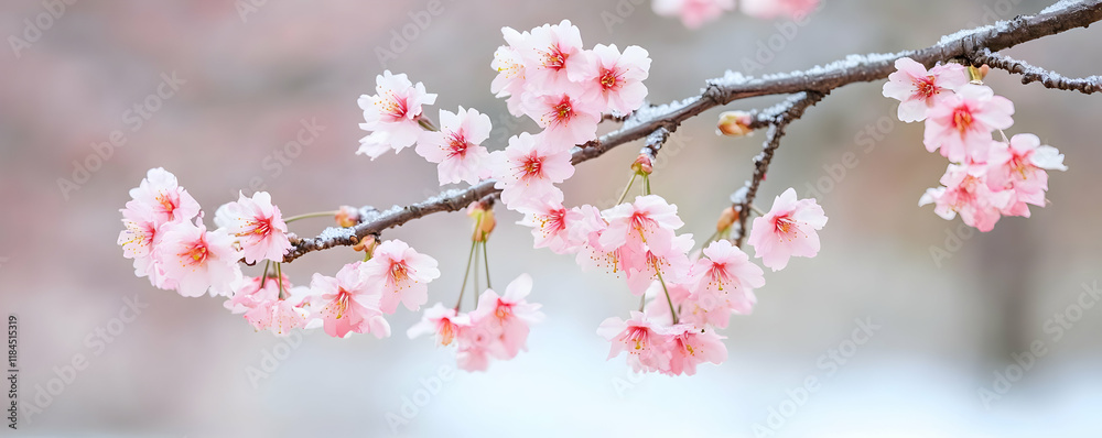 Frosty cherry blossoms on branch, snowy background, spring nature scene, website banner Frosty cherry blossoms on branch, snowy background, spring nature scene, website banner