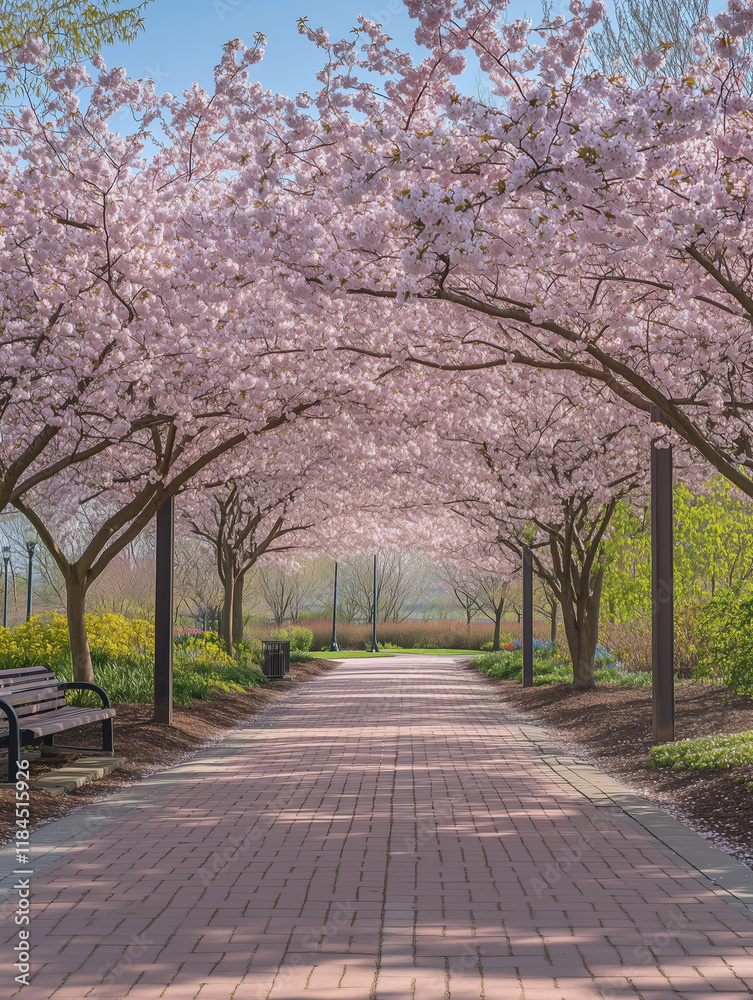 Vibrant cherry blossoms create a stunning pink canopy over paved pathway in serene park setting during spring time Vibrant cherry blossoms create a stunning pink canopy over paved pathway in serene park setting during spring time