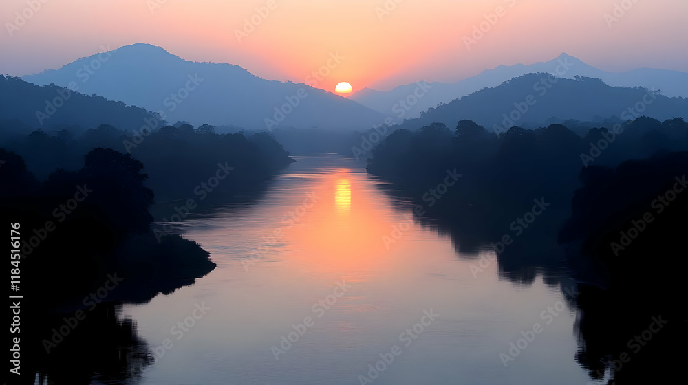 Fototapeta premium Sunset River Landscape Illustration
