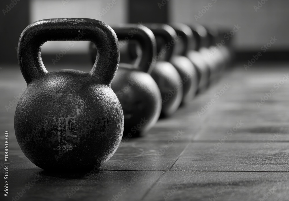 Fototapeta premium A row of kettlebells are lined up on a black and white floor