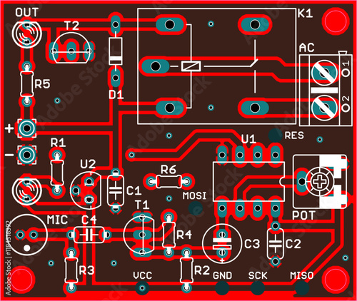 Vector technic printed circuit board of electronic 
device with components of radio elements, 
conductors and contact pads placed on pcb. 
Engineering technical computer cad drawing.