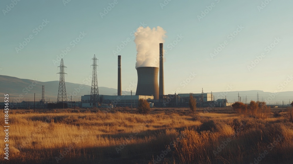 Industrial power plant emission rural landscape photography clear sky wide-angle view environmental impact Industrial power plant emission rural landscape photography clear sky wide-angle view environmental impact