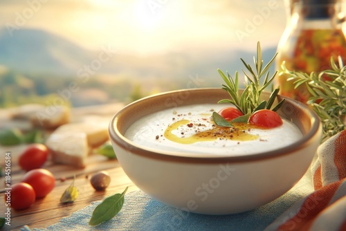 A 3D-rendered bowl of tzatziki, with realistic texture and garnishes, placed on a digitally vibrant Mediterranean-themed tablecloth