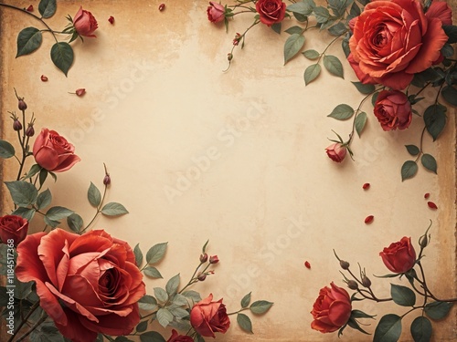 vintage floral background with red roses scattered on old paper with subtle texture and fading colors with copy space with empty space no text no word no character no logo no letters no text