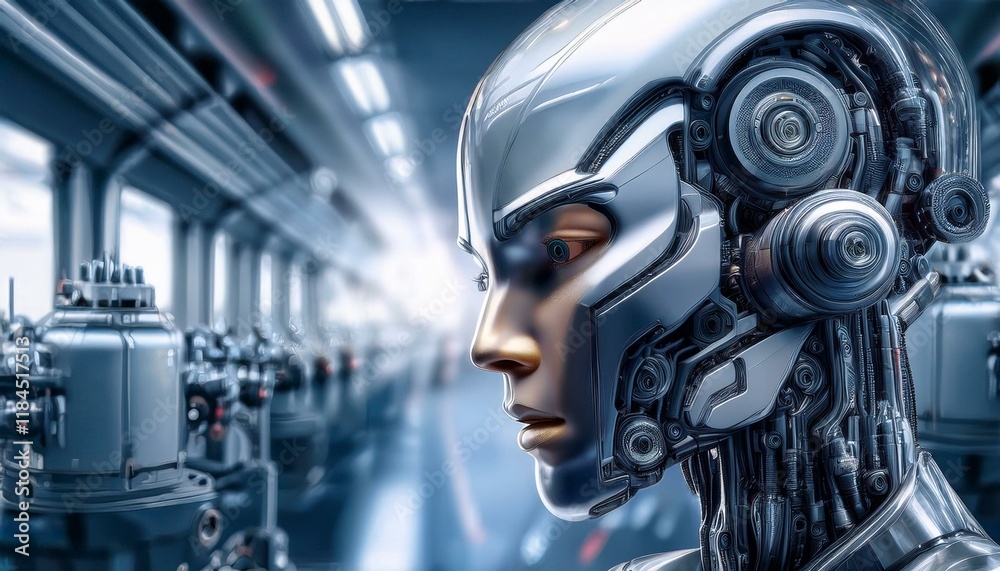 Fototapeta premium The Future is Now: A humanoid robot stands amidst a futuristic factory setting, its metallic exterior gleaming under the harsh light. This image evokes a sense of wonder and anticipation.