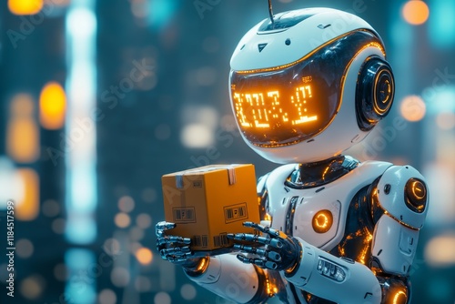 A 3D illustration of a futuristic robot delivering an urgent package in a high-tech urban setting, glowing with digital readouts photo