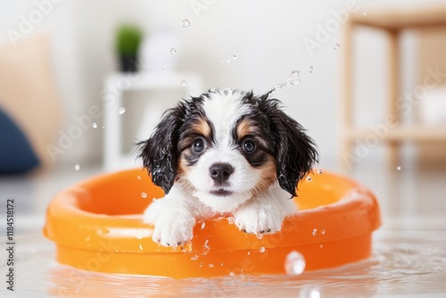 A Shih Tzu puppy splashing in a small kiddie pool, with water droplets flying around photo