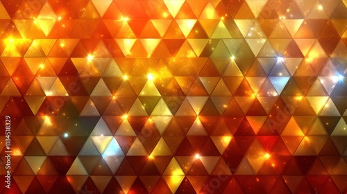 A vibrant geometric pattern of golden and orange triangles with sparkling effects.