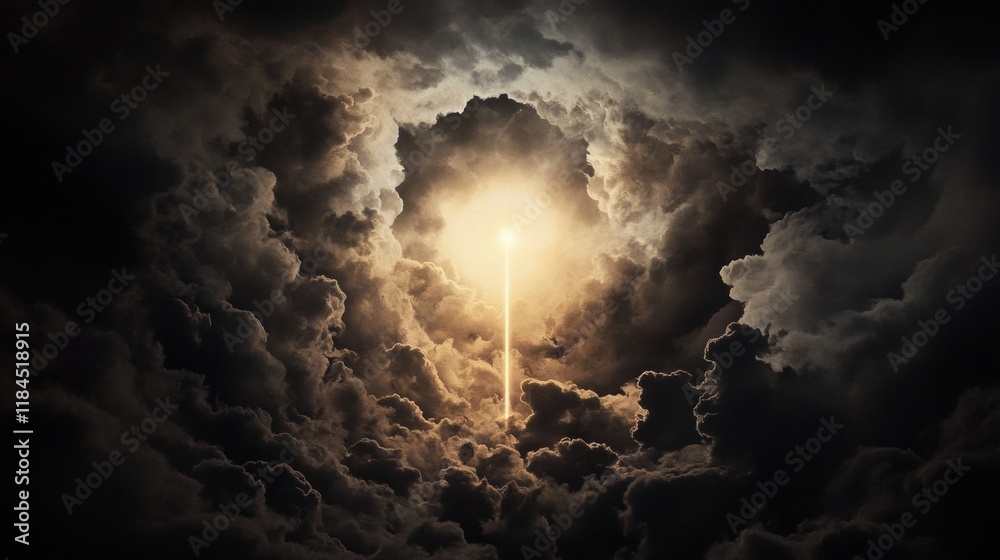 Fototapeta premium A radiant beam of light pierces through dark, swirling clouds, creating a dramatic contrast between light and shadow.