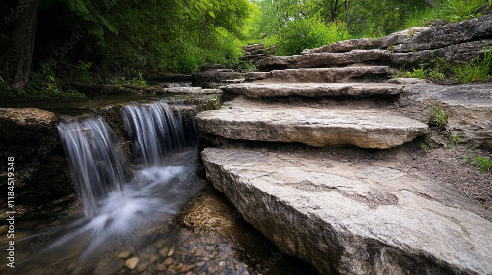 A serene stream flows over stone steps surrounded by lush greenery, creating a tranquil natural scene. A serene stream flows over stone steps surrounded by lush greenery, creating a tranquil natural scene.
