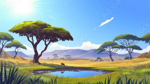 Sunny African savanna landscape, watering hole, wildlife, background mountains, game reserve illustration photo