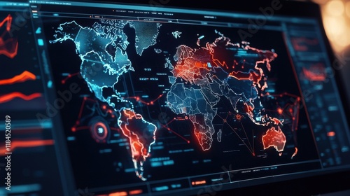 Fototapeta Naklejka Na Ścianę i Meble -  Futuristic Global Digital Intelligence Monitoring System with World Map and Data Visualization