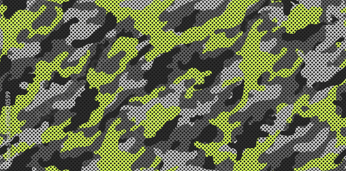 Acid green camouflage military pattern with grid. Green camouflage pattern for clothing design.
