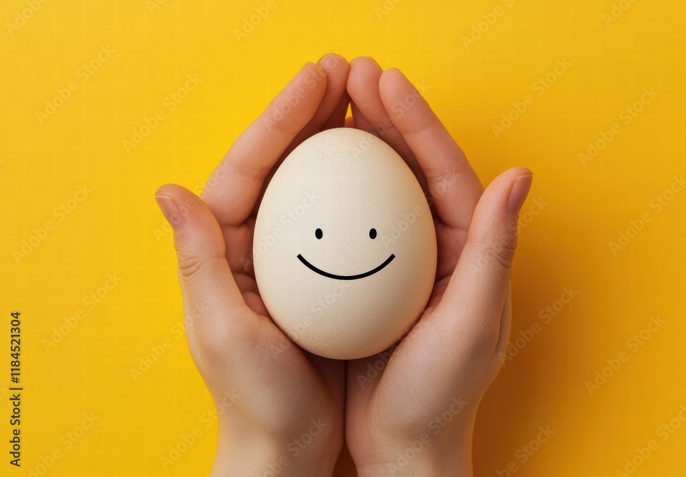 A person is holding a white egg with a smiley face drawn on it A person is holding a white egg with a smiley face drawn on it