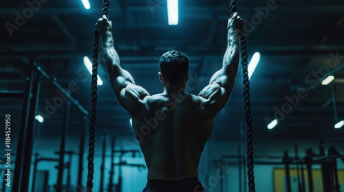 Muscular Man's Back, Climbing Ropes in Dramatic Gym Setting