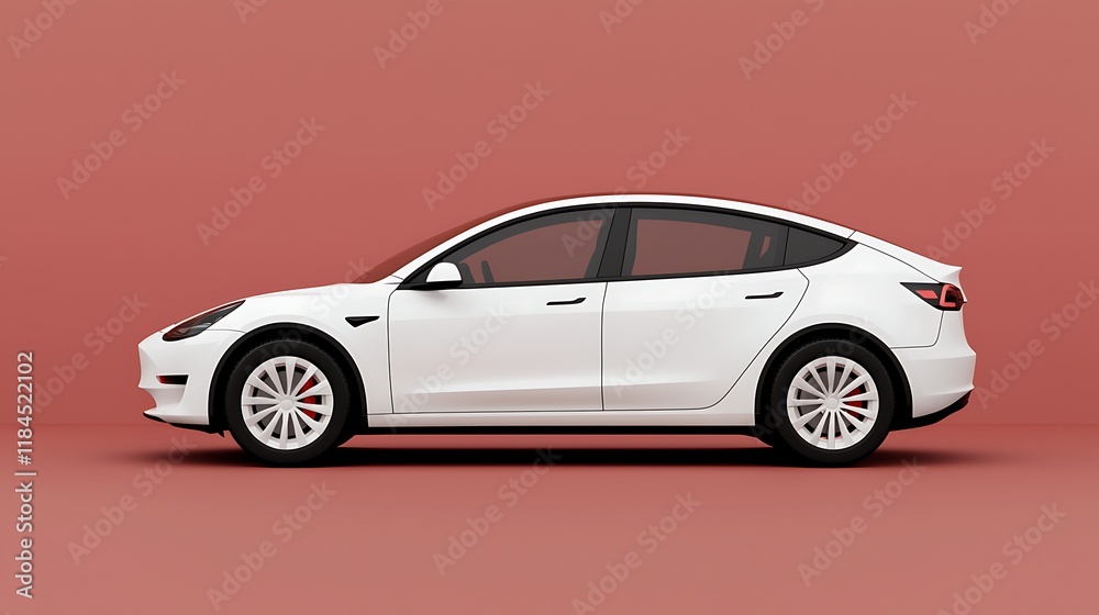 White electric car profile view on red background. White electric car profile view on red background.