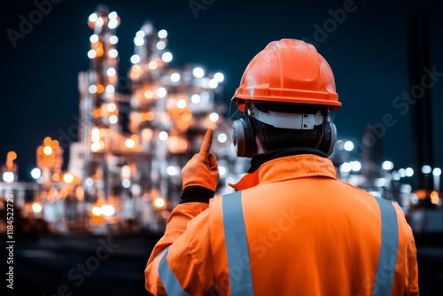 A construction worker urgently signaling to a crane operator during a tense moment on a busy site photo