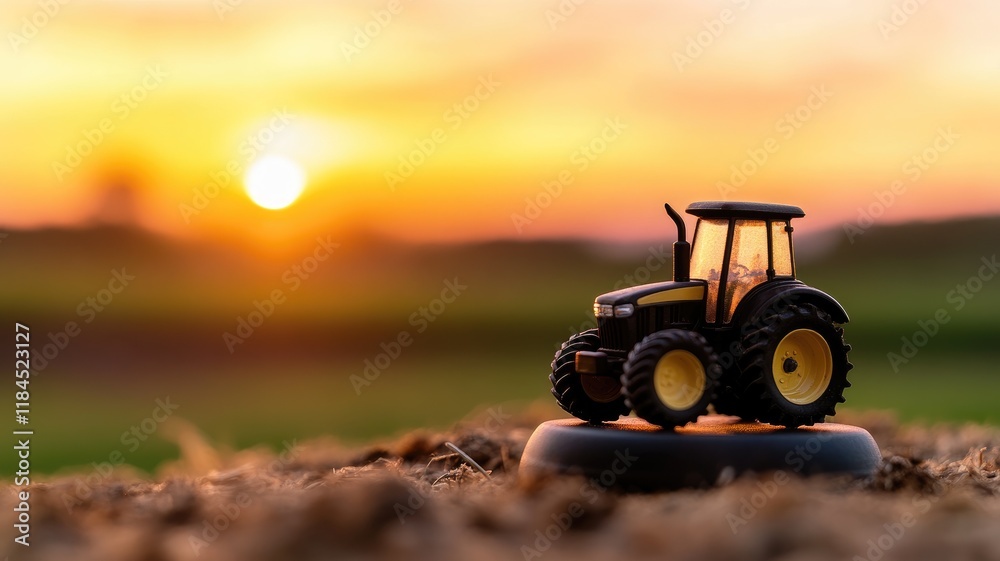 Obraz premium Mini toy tractor on field during sunset