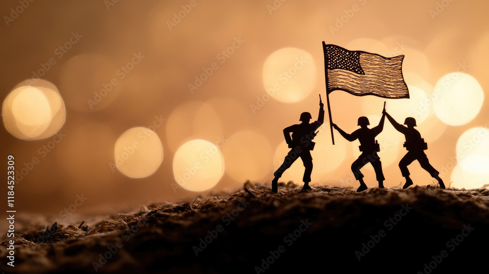 Fototapeta premium Silhouettes of soldiers raising flag in battle scene