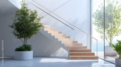 Modern staircase with clean lines, wooden steps, and a simple railing design