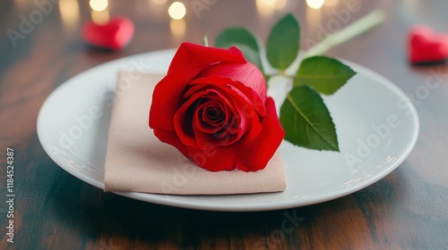 Romantic red rose on elegant plate with soft background lights