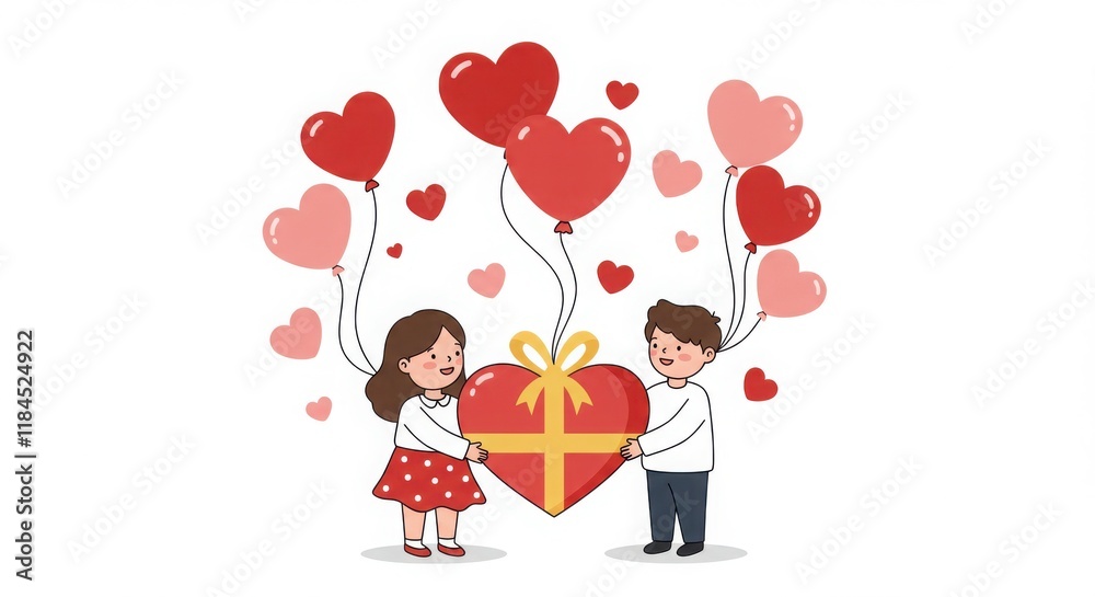 A cute cartoon couple holding a heart-shaped gift with red heart balloons and romantic decorations. A cute cartoon couple holding a heart-shaped gift with red heart balloons and romantic decorations.