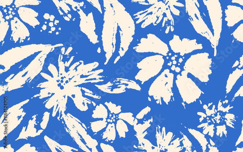 Seamless pattern hand drawn flowers with brush style texture on blue background. Brush stroke white floral pattern. Design element flower pattern. Vector illustration brush pattern.