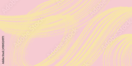 Grainy yellow hand drawn spiral brush stroke with spray texture. Distress damaged edge vector banner with spiral grunge line. Grainy bold brush strokes, ink pink texture with scattered tiny dots.