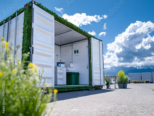 Mobile medical clinic outdoors, mountains background; healthcare, testing, rural access