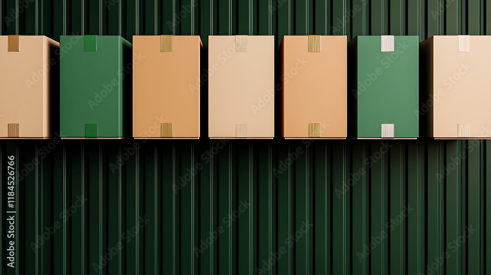 Six cardboard boxes in various colors arranged on a dark green ribbed surface. Six cardboard boxes in various colors arranged on a dark green ribbed surface.